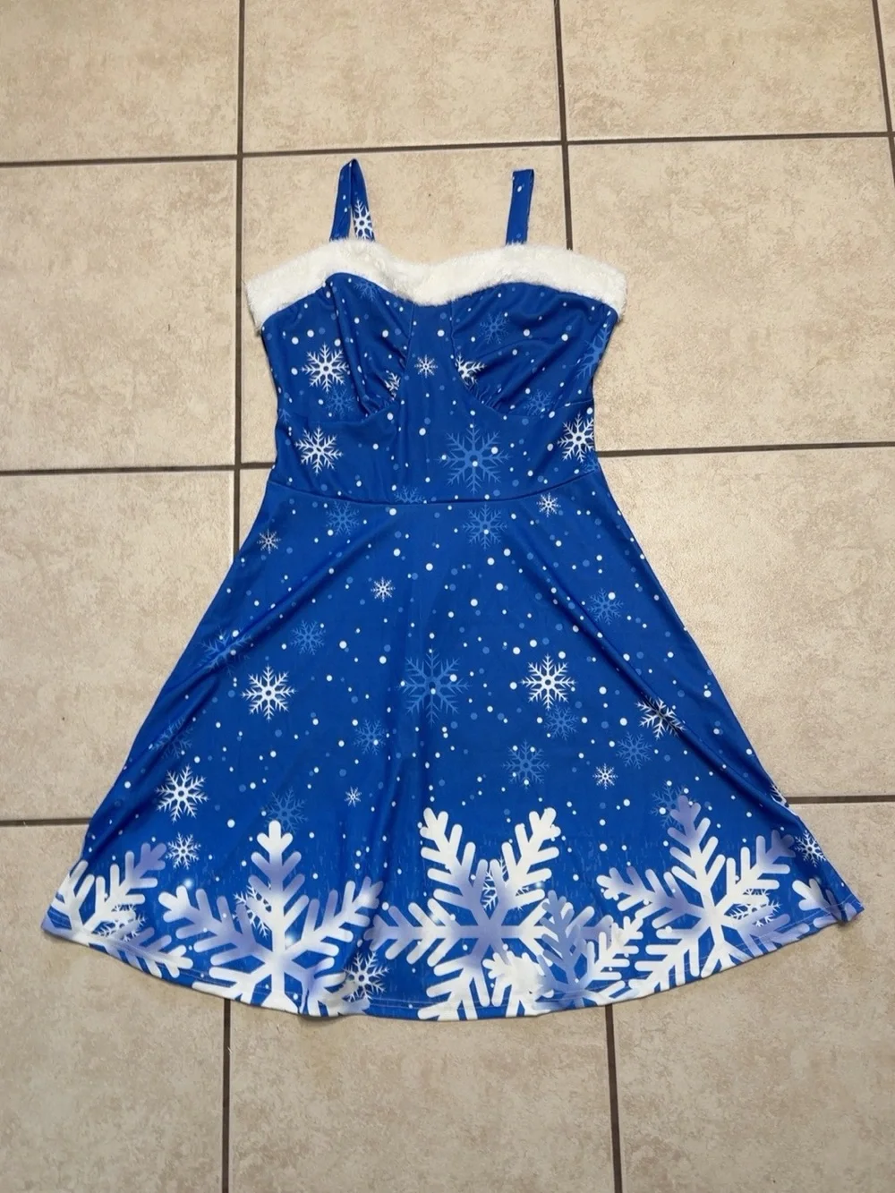 Blue Snowflake Faux Fur Trim Christmas Winter Dress Size Medium